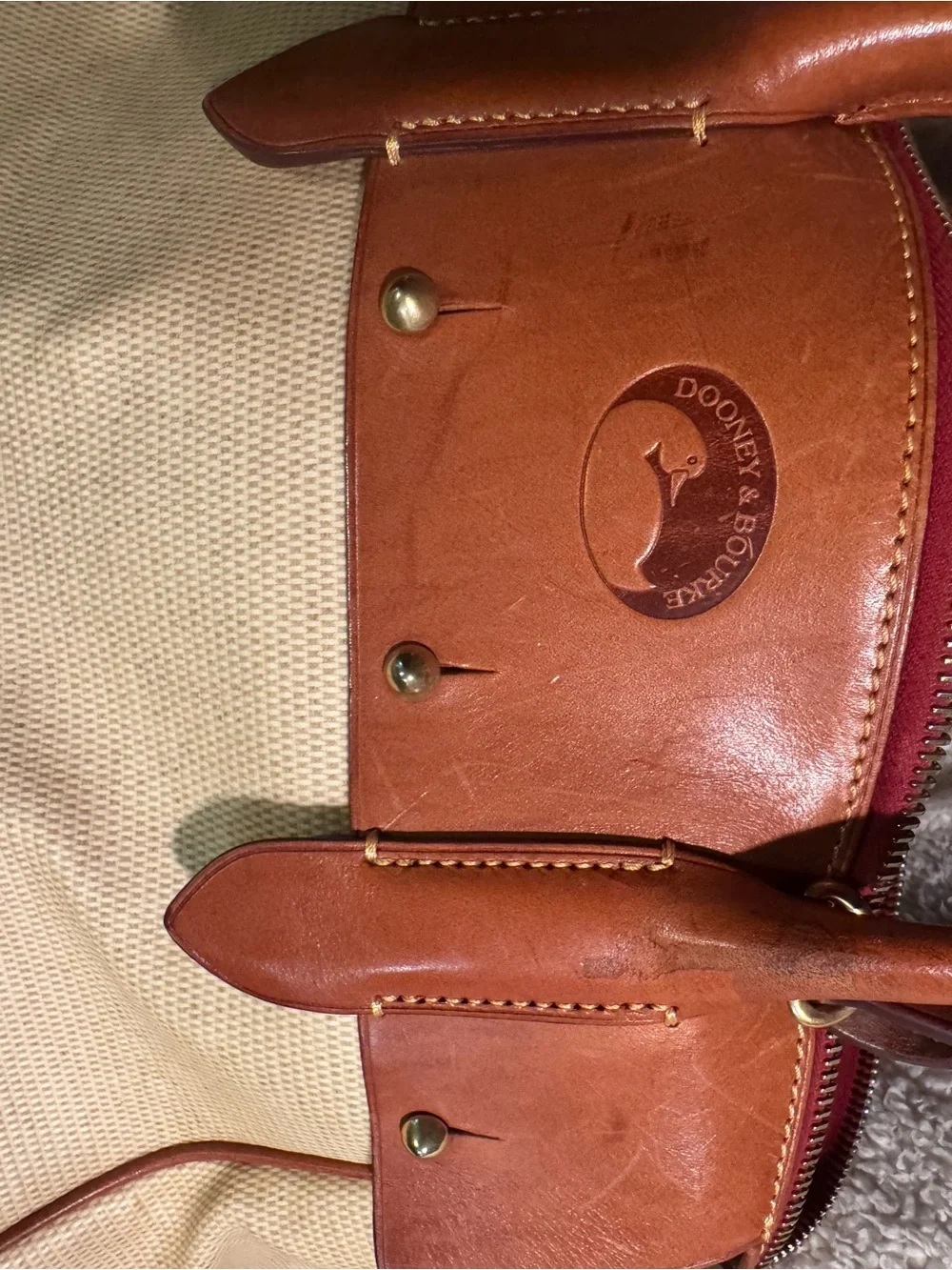 Dooney & Bourke Beige Canvas Satchel with Brown Leather Trim